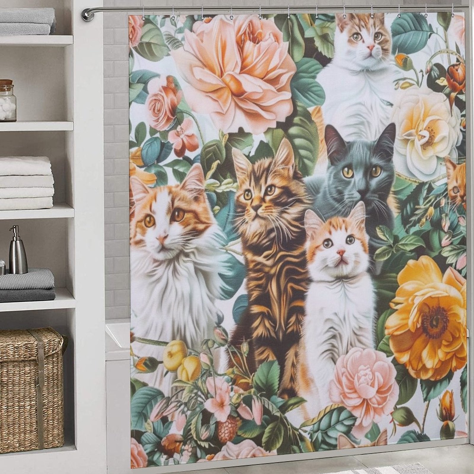 Colorful Flowers and Cat Shower Curtain