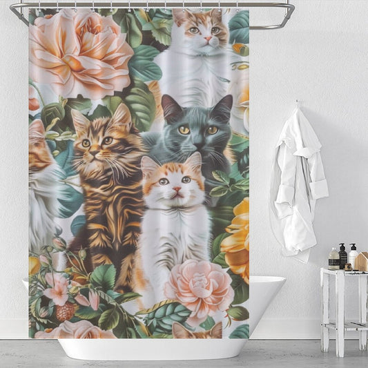 Colorful Flowers and Cat Shower Curtain