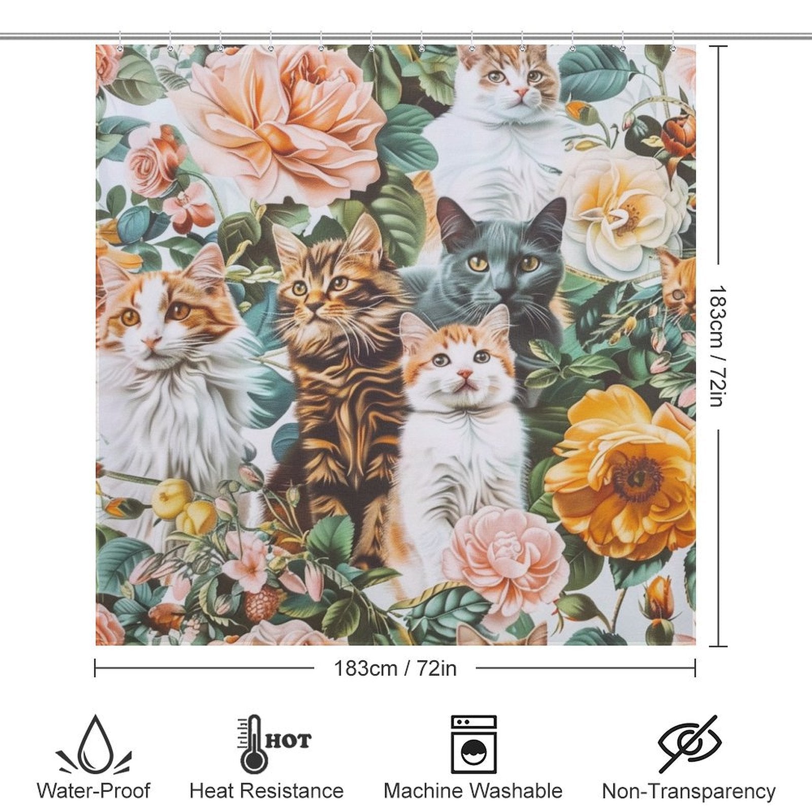 Colorful Flowers and Cat Shower Curtain