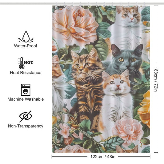 Colorful Flowers and Cat Shower Curtain