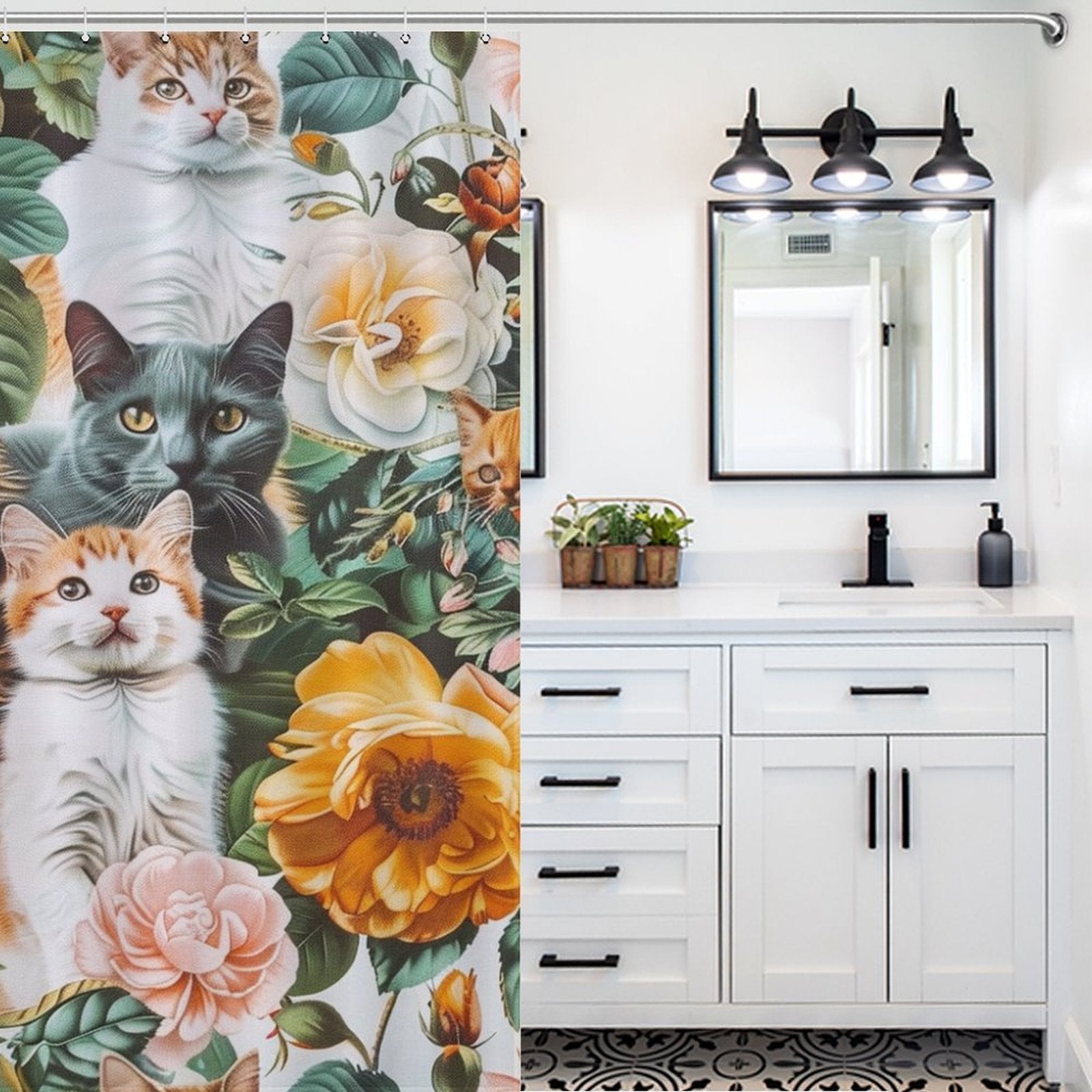 Colorful Flowers and Cat Shower Curtain