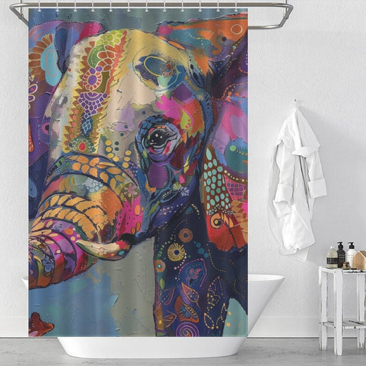 A vibrant, colorful painting of an abstract elephant turns the Colorful Painting Elephant Shower Curtain-Cottoncat into a stunning piece of bathroom decor, hanging gracefully over the white bathtub by Cotton Cat.