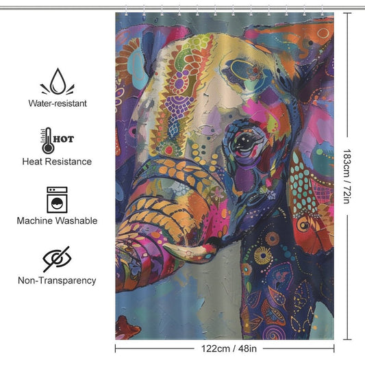Colorful Painting Elephant Shower Curtain-Cottoncat by Cotton Cat: A vibrant, psychedelic addition to your bathroom decor with four icons indicating water resistance, heat resistance, machine washability, and non-transparency. Dimensions: 183cm by 122cm.