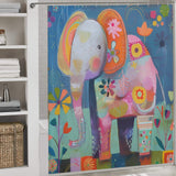 A bathroom with a whimsical shower curtain featuring a colorful, abstract elephant and vibrant flowers. The **Cute Baby Cartoon Elephant Shower Curtain-Cottoncat** by **Cotton Cat** adds playful decor, including a wicker basket and neatly folded towels, adding charm to the space.