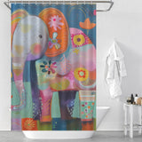 A Cute Baby Cartoon Elephant Shower Curtain-Cottoncat by Cotton Cat hangs in a white bathroom with a white bathtub, white towels on a hook, and toiletry items near the tub.