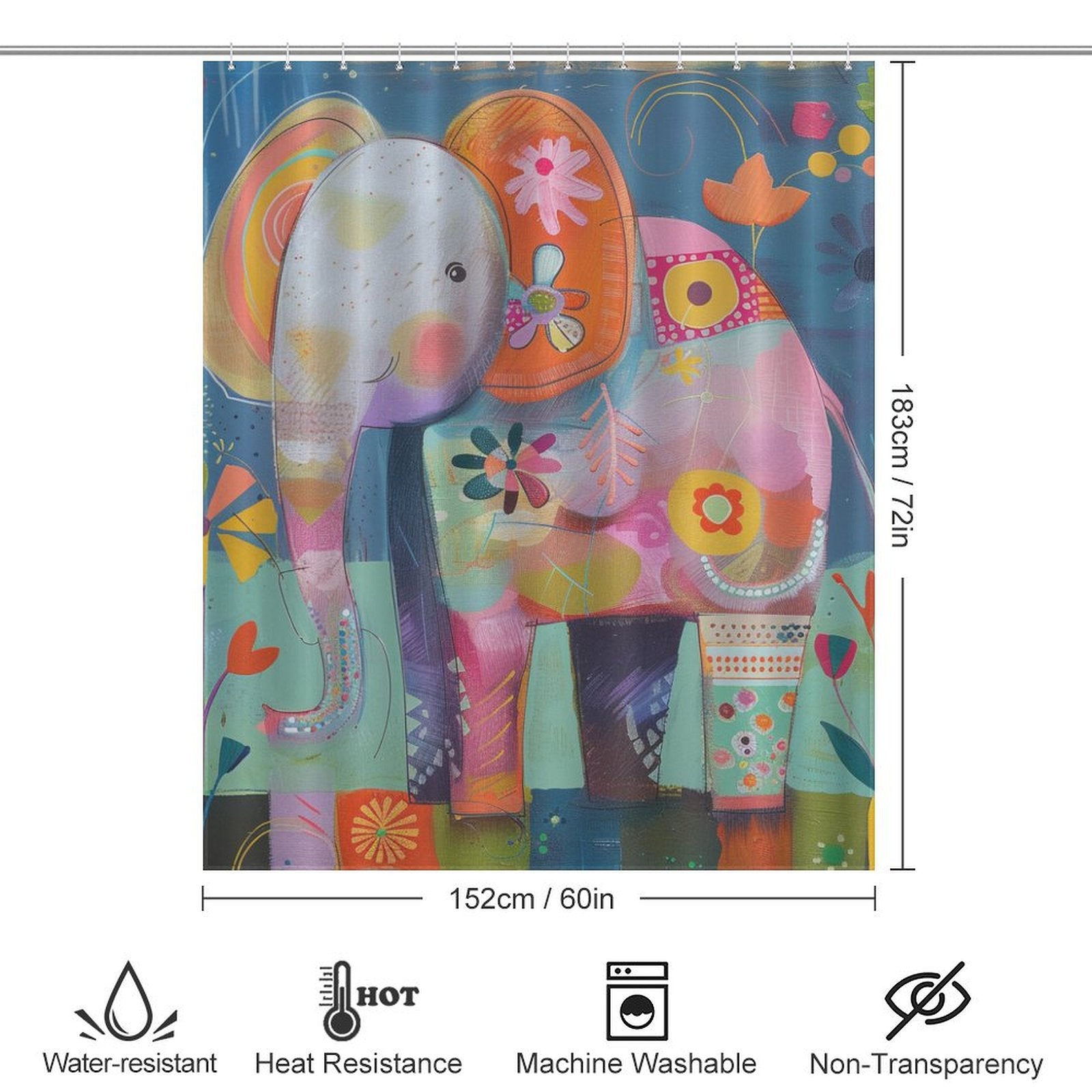 A whimsical shower curtain featuring a cute baby cartoon elephant design with flowers and patterns. Dimensions are 183 cm x 152 cm, and it is water-resistant, heat-resistant, machine washable, and non-transparent. The Cotton Cat Cute Baby Cartoon Elephant Shower Curtain-Cottoncat is perfect for adding charming bathroom decor.