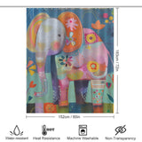 A whimsical shower curtain featuring a cute baby cartoon elephant design with flowers and patterns. Dimensions are 183 cm x 152 cm, and it is water-resistant, heat-resistant, machine washable, and non-transparent. The Cotton Cat Cute Baby Cartoon Elephant Shower Curtain-Cottoncat is perfect for adding charming bathroom decor.