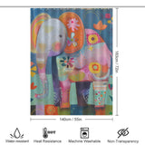 A whimsical **Cute Baby Cartoon Elephant Shower Curtain-Cottoncat** by **Cotton Cat** is shown. The curtain measures 183 cm (72 in) in height and 140 cm (55 in) in width. It is water-resistant, heat-resistant, machine washable, and non-transparent, making it an ideal piece for any bathroom decor.