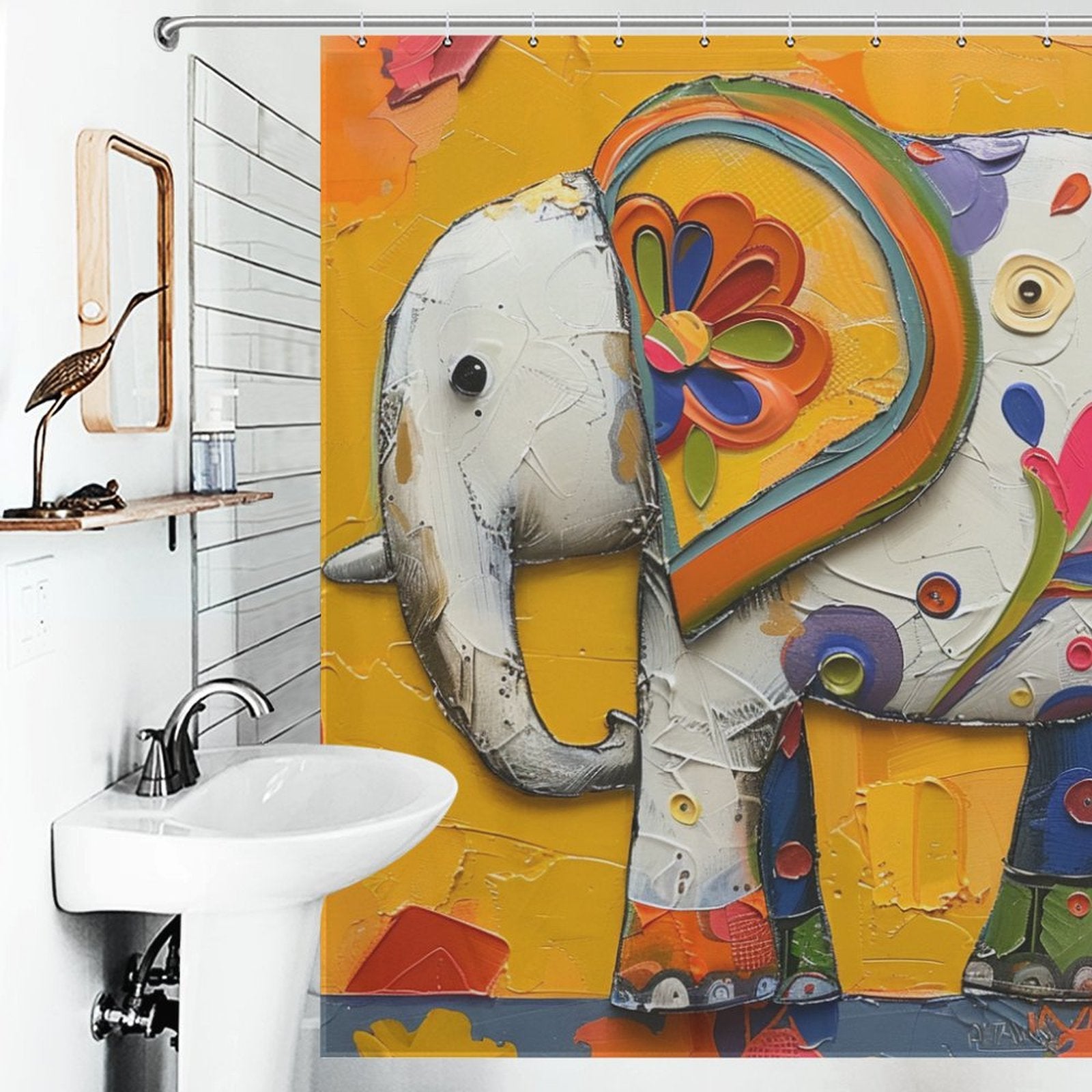 Bathroom with a white sink and modern faucet. A Cute Baby Elephant Shower Curtain-Cottoncat by Cotton Cat featuring an abstract baby elephant design is prominently hung. A small bird sculpture is placed on a wooden shelf above the sink, adding a charming touch to the bathroom decor.