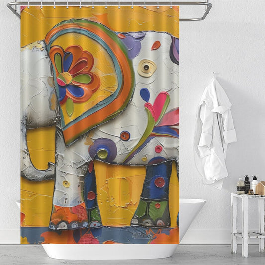 A brightly colored, artistic baby elephant design is featured on a Cute Baby Elephant Shower Curtain-Cottoncat in a white bathroom. Towels hang on a hook nearby, adding to the charming bathroom decor, and there are toiletries on the edge of a bathtub.