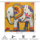 A colorful, cute baby elephant-themed shower curtain with measurements of 180cm x 180cm. Perfect for bathroom decor, this Cute Baby Elephant Shower Curtain-Cottoncat by Cotton Cat is water-resistant, heat-resistant, machine washable, and includes icons for its features at the bottom.