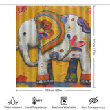 A colorful Cute Baby Elephant Shower Curtain-Cottoncat featuring a cute baby elephant design with floral patterns. The curtain measures 183cm by 168cm and includes icons indicating water resistance, heat resistance, and machine washability—perfect for adding charming bathroom decor. This product is brought to you by Cotton Cat.