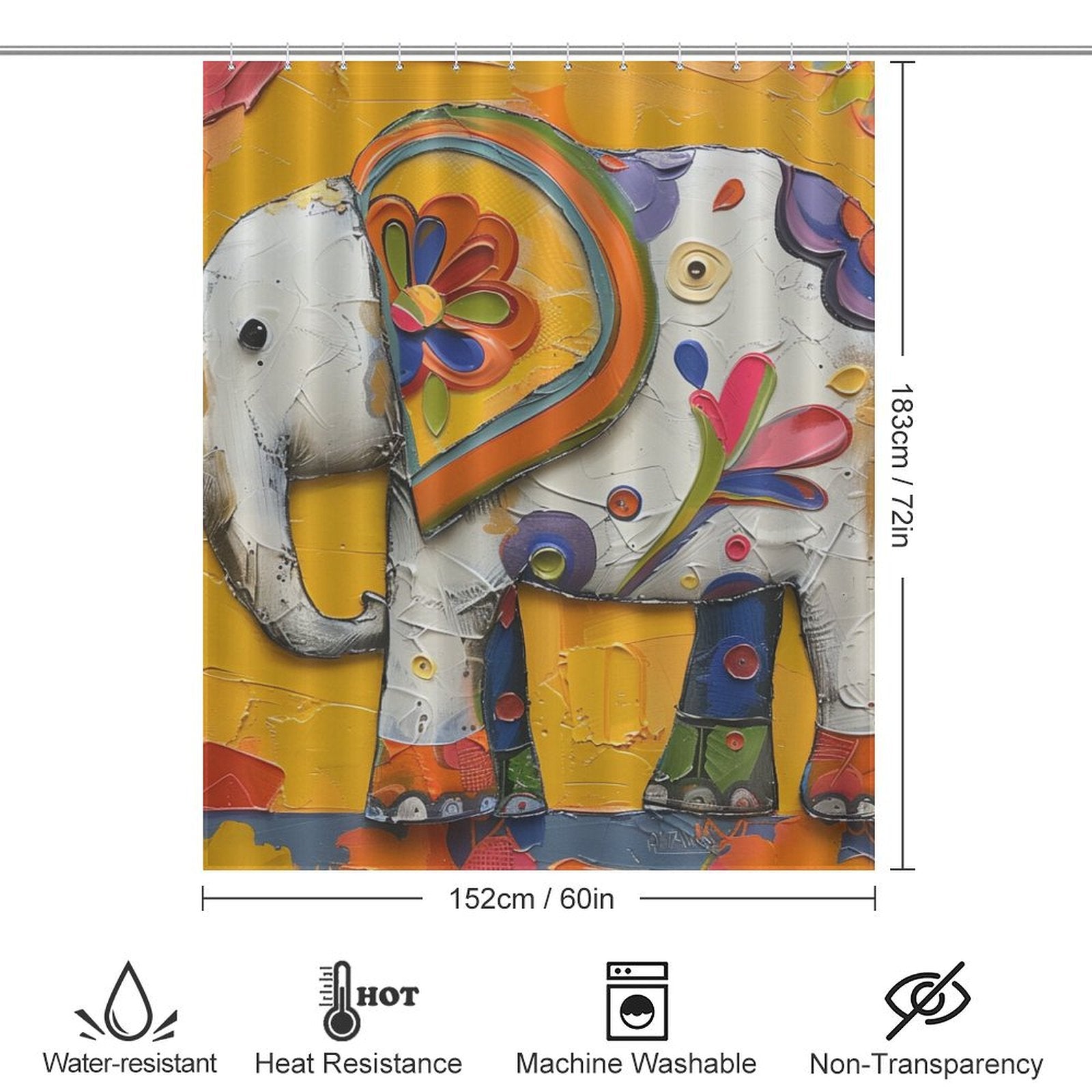 A Cute Baby Elephant Shower Curtain-Cottoncat measuring 183cm by 152cm from Cotton Cat is displayed. Icons below indicate it is water-resistant, heat-resistant, machine washable, and non-transparent. Perfect for adding a charming touch to your bathroom decor with its adorable baby elephant design.
