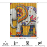 A colorful Cute Baby Elephant Shower Curtain-Cottoncat by Cotton Cat is depicted with dimensions of 183cm by 140cm. It is water-resistant, heat-resistant, machine washable, and non-transparent—making it the perfect addition to your bathroom decor.
