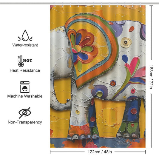 A colorful shower curtain with a cute baby elephant design, featuring dimensions of 122 cm x 183 cm (48 in x 72 in). This adorable addition to your bathroom decor is water-resistant, heat-resistant, machine washable, and non-transparent. Introducing the Cute Baby Elephant Shower Curtain-Cottoncat by Cotton Cat.