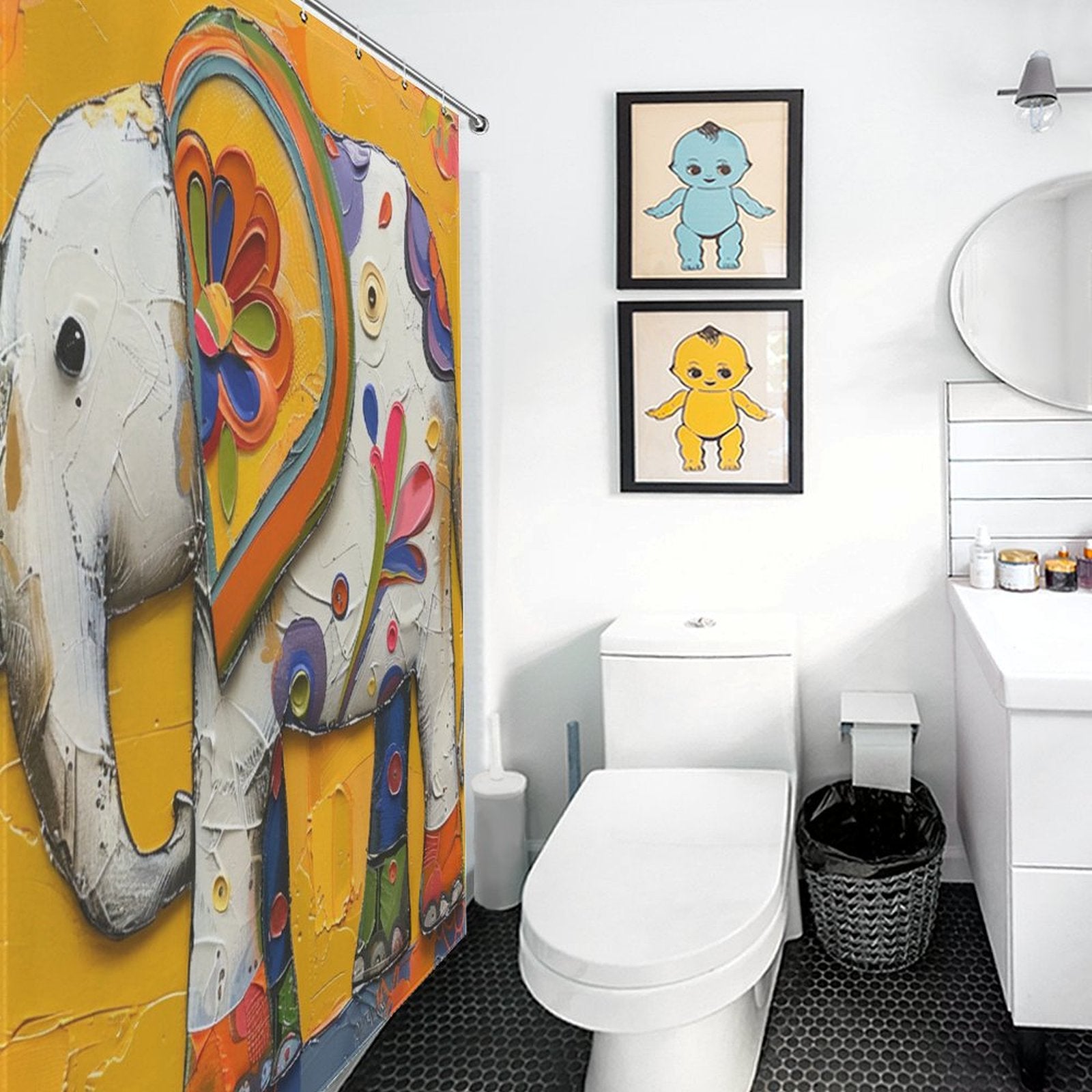 Bathroom with a vibrant Cute Baby Elephant Shower Curtain-Cottoncat and two framed baby animal prints on the wall. White toilet and sink are also present, adding to the charming bathroom decor.