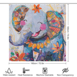 Colorful elephant-themed shower curtain with dimensions 180cm by 180cm, perfect for your bathroom decor. Features include water resistance, heat resistance, machine washability, and non-transparency. Enjoy the Cute Baby Happy Elephant and Flowers Shower Curtain-Cottoncat design that brightens up any space from Cotton Cat.