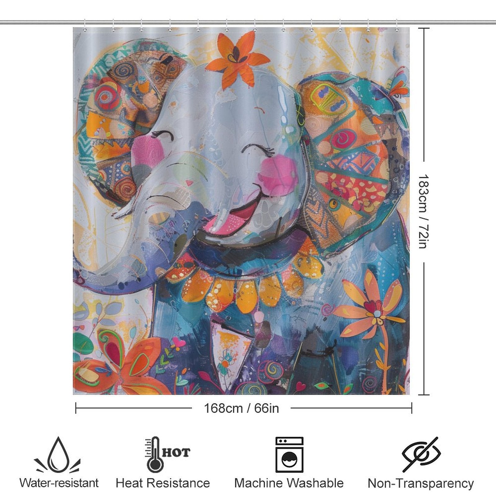 The Cute Baby Happy Elephant and Flowers Shower Curtain-Cottoncat by Cotton Cat features a smiling, cute baby elephant with intricate patterns and vibrant colors. Perfect for enhancing your bathroom decor. Dimensions: 183 cm x 168 cm (72 in x 66 in). Water-resistant, heat-resistant, machine washable, and non-transparent.