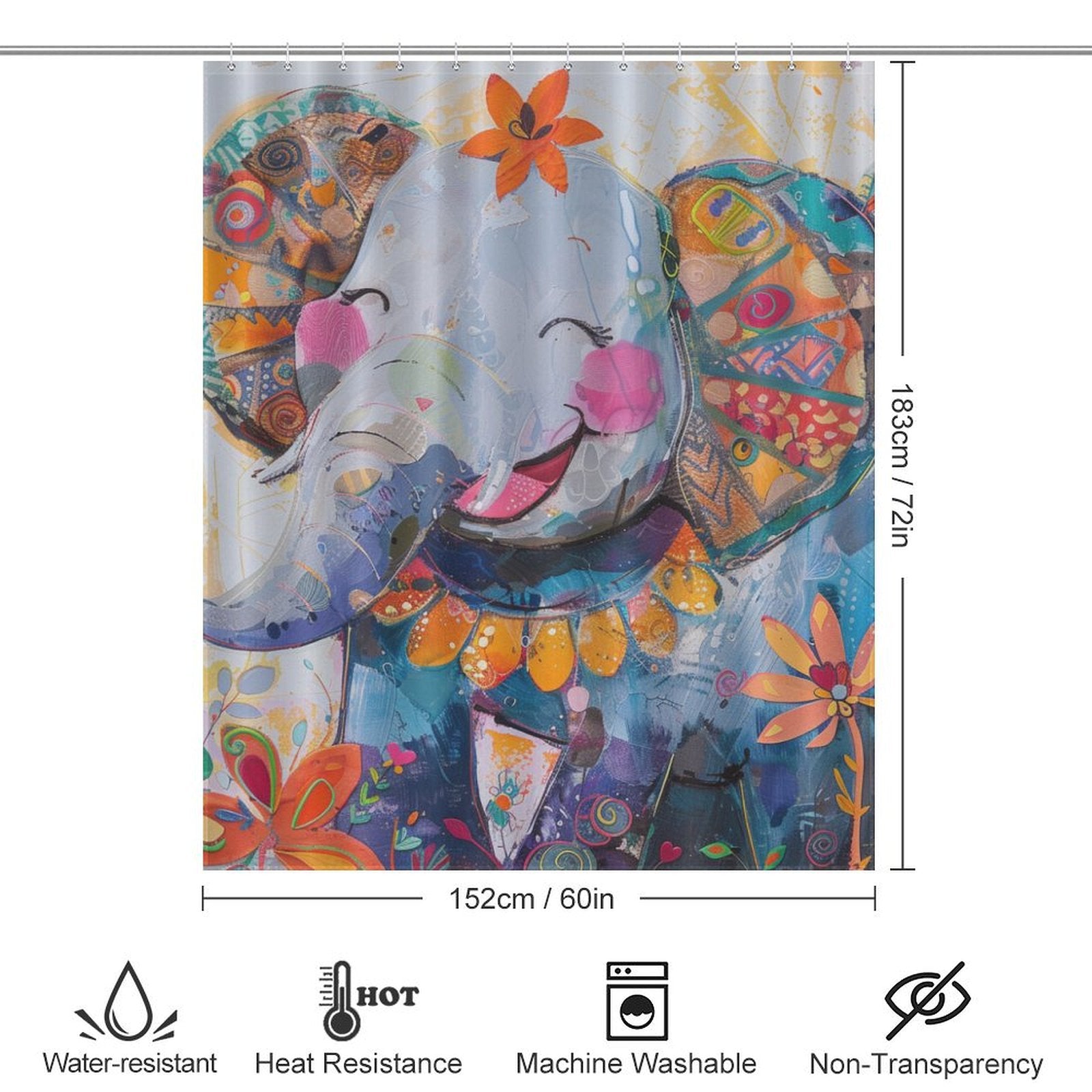 Colorful shower curtain featuring a cheerful, abstract design of a cute baby happy elephant with a flower on its head. The dimensions are 183 cm by 152 cm. This eye-catching bathroom decor is water-resistant, heat-resistant, and machine washable. Introducing the Cute Baby Happy Elephant and Flowers Shower Curtain-Cottoncat by Cotton Cat.