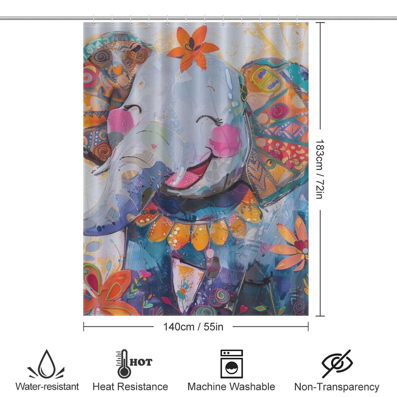 Colorful shower curtain featuring an artistic, joyful elephant design, perfect for adding charm to your bathroom decor. Adorned with flowers, this Cute Baby Happy Elephant and Flowers Shower Curtain-Cottoncat measures 183 cm tall by 140 cm wide. Icons indicate it's water-resistant, heat-resistant, machine washable, and non-transparent.