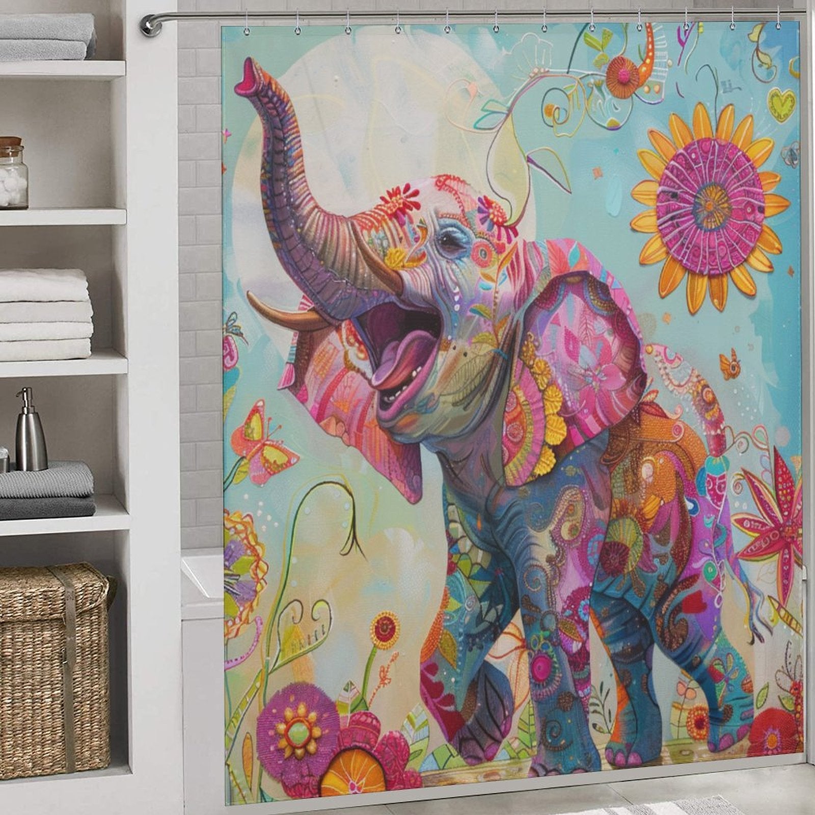 Cute Flowers and Happy Elephant Shower Curtain