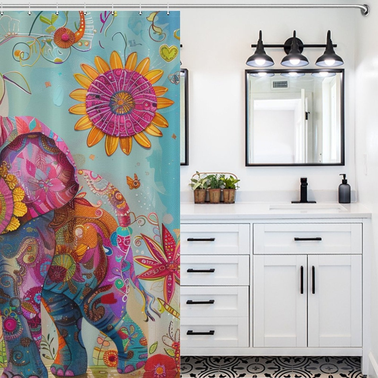 Cute Flowers and Happy Elephant Shower Curtain