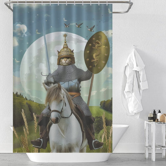 Cute Funny Cat Riding Horse Shower Curtain