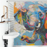 Shower area with a white sink and mirror, decorated with a colorful, whimsical painting of a Cute Happy Elephant Shower Curtain-Cottoncat on the shower curtain by Cotton Cat.