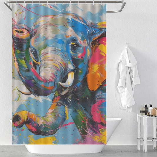 A colorful, abstract elephant design adorns a Cute Happy Elephant Shower Curtain-Cottoncat by Cotton Cat in a white bathroom. A towel hangs beside the bathtub, and toiletries are visible on the edge of the tub, adding to the delightful bathroom decor.