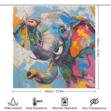 The Cotton Cat Cute Happy Elephant Shower Curtain-Cottoncat features a colorful abstract painting of an adorable elephant, perfect for bathroom decor. Measuring 180 cm by 180 cm, this water-resistant, heat-resistant, and machine washable curtain is also non-transparent.