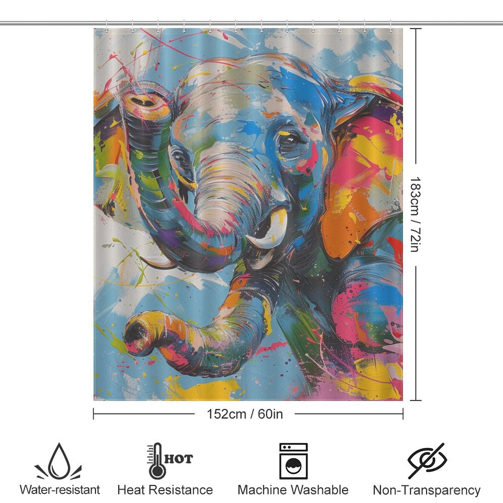 A vibrant, multicolored Cute Happy Elephant Shower Curtain-Cottoncat by Cotton Cat with dimensions of 183 cm x 152 cm. Features icons indicating it is water-resistant, heat-resistant, machine washable, and non-transparent—perfect for adding whimsical bathroom decor.