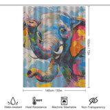 A vibrant, multicolored Cute Happy Elephant Shower Curtain-Cottoncat with dimensions 183cm x 140cm. The whimsical bathroom decor is water-resistant, heat resistant, machine washable, and non-transparent. This delightful piece is brought to you by Cotton Cat.