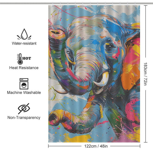 Introducing the Cute Happy Elephant Shower Curtain-Cottoncat by Cotton Cat, featuring a colorful abstract elephant design. With dimensions of 183 cm x 122 cm, this playful addition to your bathroom decor boasts water resistance, heat resistance, machine washability, and non-transparency.