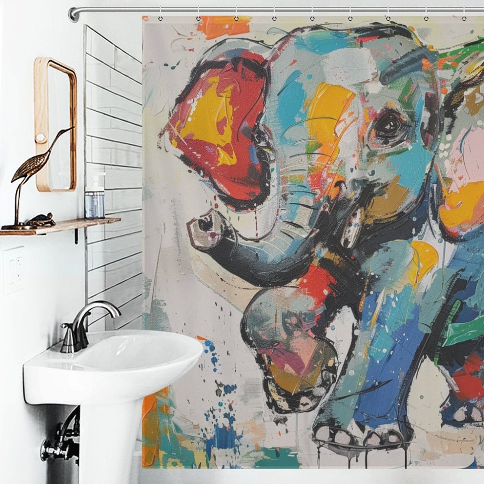 A bathroom featuring a white sink and a shower with a Cute Painting Happy Elephant Shower Curtain-Cottoncat by Cotton Cat brings vibrant charm to the space.