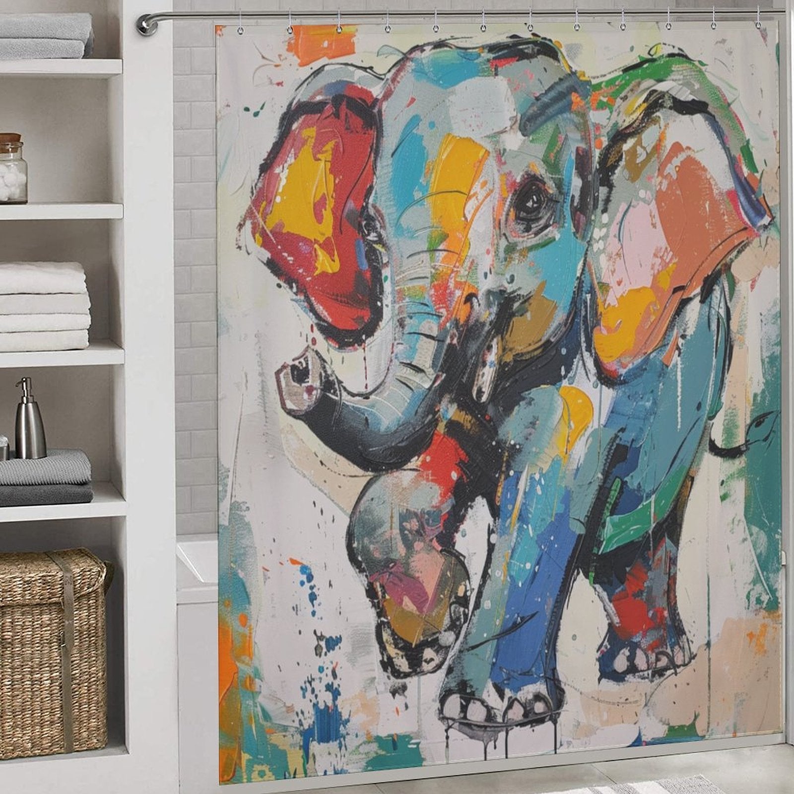 A Cute Painting Happy Elephant Shower Curtain-Cottoncat by Cotton Cat hangs in a bathroom, which features neatly folded towels on a shelf and a wicker basket.