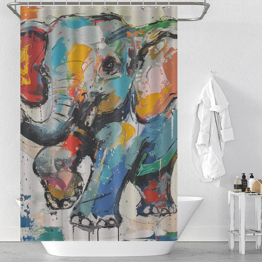 A bathroom with a Cute Painting Happy Elephant Shower Curtain-Cottoncat by Cotton Cat featuring a cute painting of an elephant, a white robe hanging to the right, and toiletries on a shelf nearby.