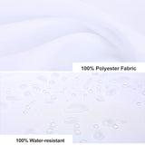 Close-up of a fabric with text labels "100% Polyester Fabric" and "100% Water-resistant." Below the labels, water droplets are visible on the surface, perfect for a cheerful bathroom decor or Cute Painting Happy Elephant Shower Curtain-Cottoncat by Cotton Cat.