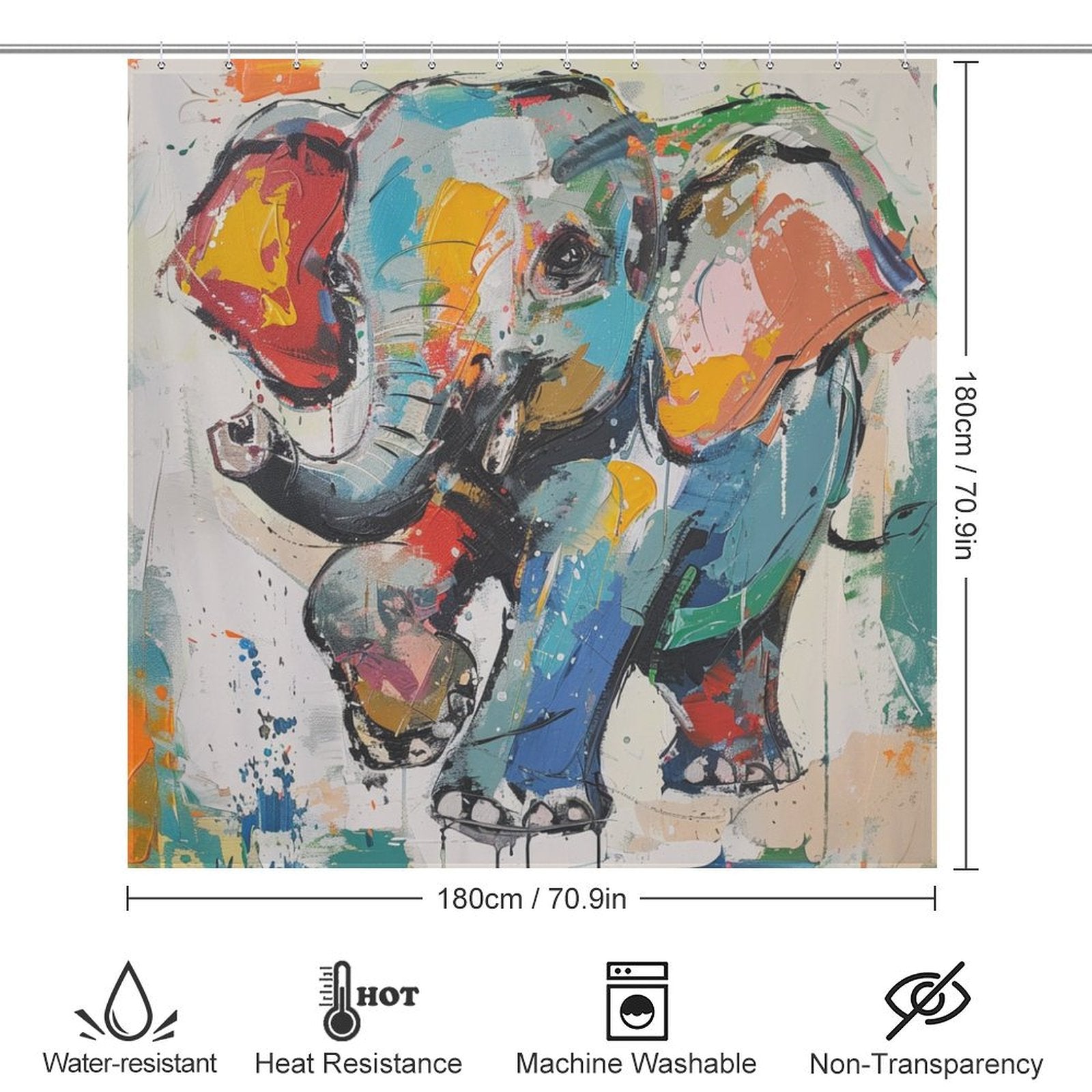 Colorful, abstract Cute Painting Happy Elephant Shower Curtain-Cottoncat with dimensions 180cm by 180cm. Icons below indicate water-resistance, heat resistance, machine washability, and non-transparency. Perfect for enhancing bathroom decor with its artistic depiction of an elephant. This product is offered by the brand Cotton Cat.