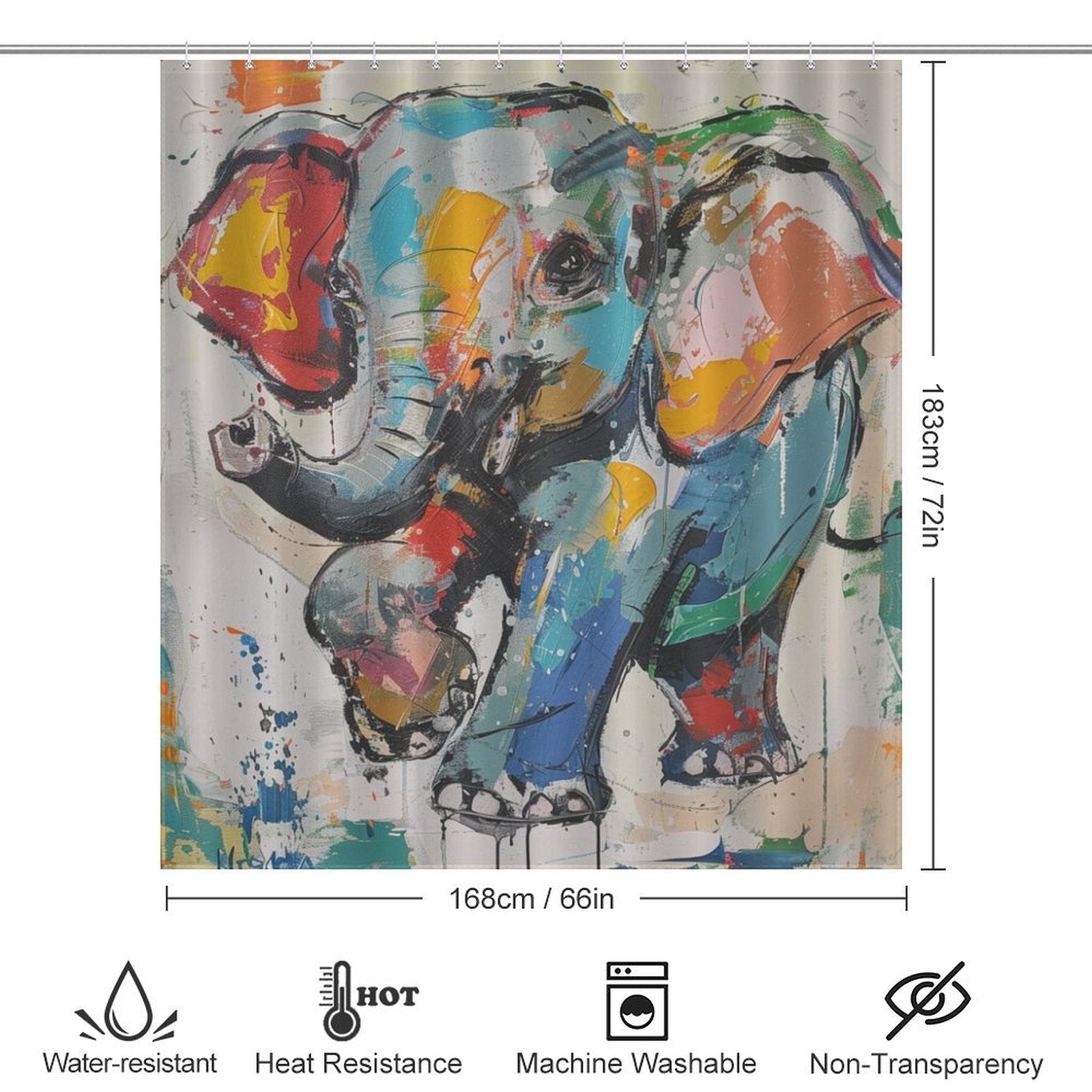 The Cute Painting Happy Elephant Shower Curtain-Cottoncat by Cotton Cat features a colorful, artistic depiction of an elephant on a durable fabric. Measuring 183 cm x 168 cm, this vibrant bathroom decor is water-resistant, heat-resistant, machine washable, and non-transparent.