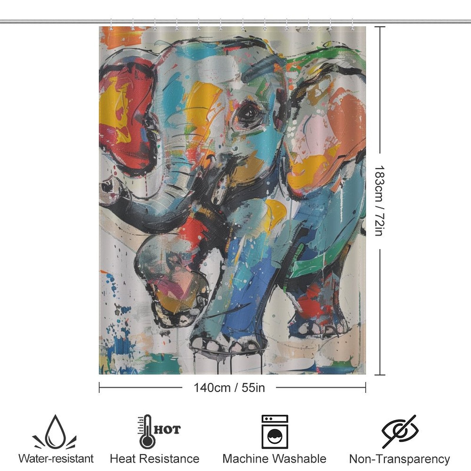 A Cute Painting Happy Elephant Shower Curtain-Cottoncat by Cotton Cat adorns this colorful, abstract shower curtain. Perfect for bathroom decor, its dimensions are 183 cm by 140 cm. Icons below indicate it is water-resistant, heat resistant, machine washable, and non-transparent.