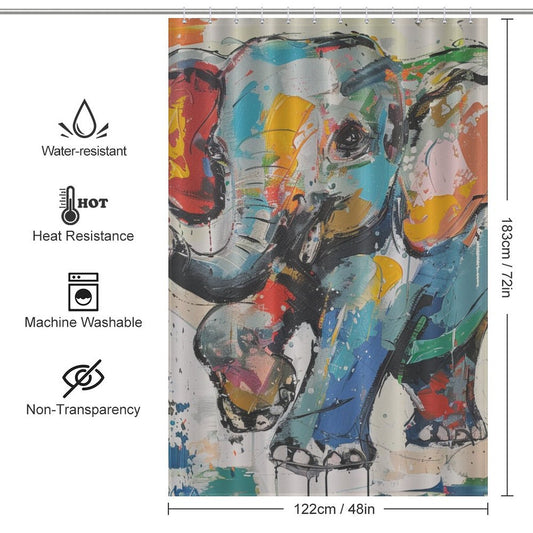 Colorful bathroom decor with a Cute Painting Happy Elephant Shower Curtain-Cottoncat by Cotton Cat. Artistic design features water and heat resistance, machine washability, and non-transparency. Size: 183 cm (72 in) x 122 cm (48 in).