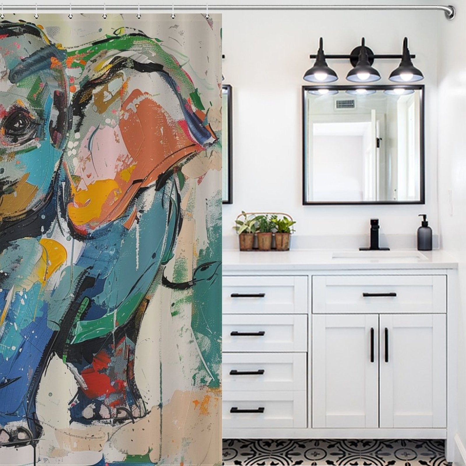 A bathroom with a white vanity and black fixtures showcases delightful bathroom decor, including a Cute Painting Happy Elephant Shower Curtain by Cotton Cat.