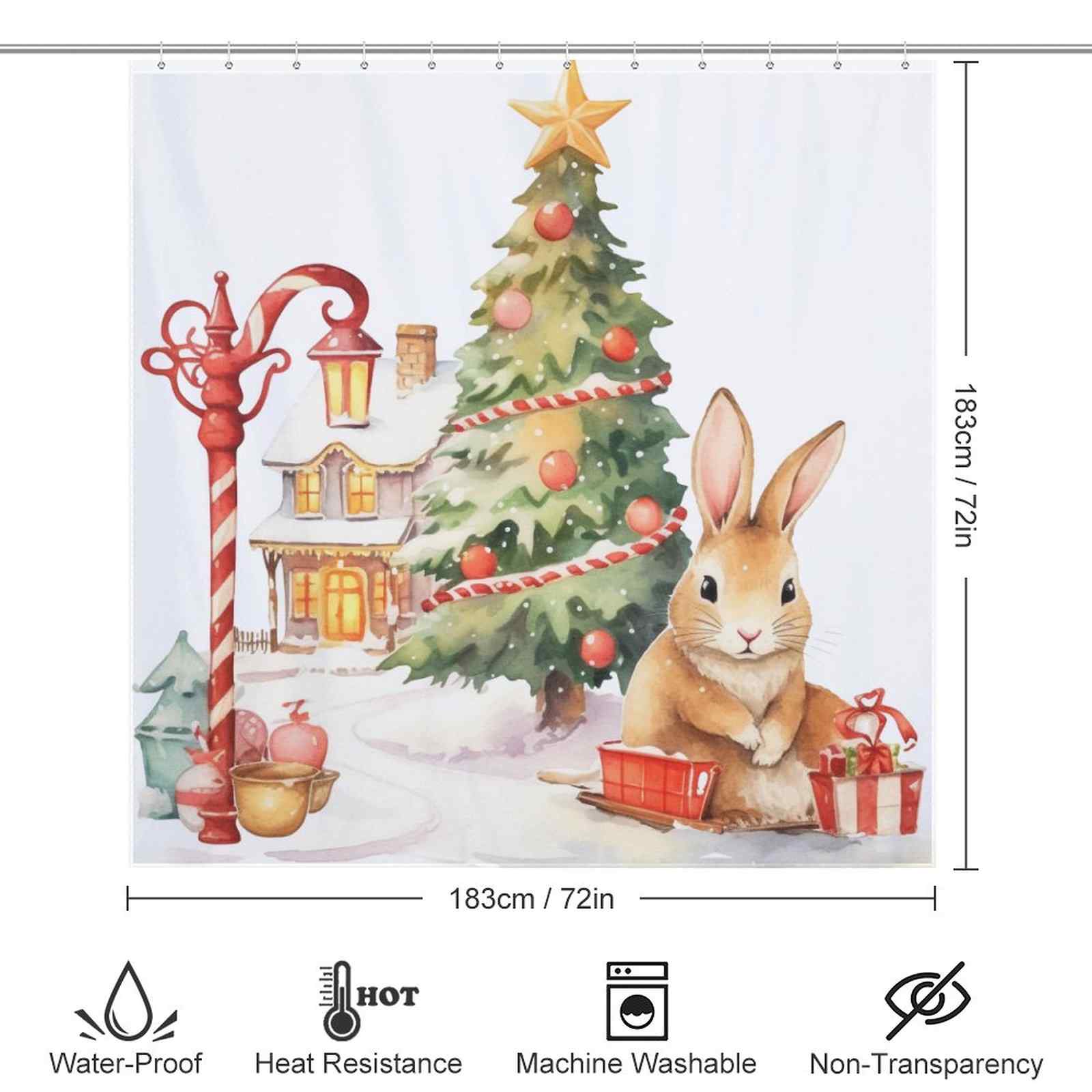 This festive Cute Rabbit Tree Christmas Shower Curtain from Cotton Cat features a charming bunny and a beautifully adorned Christmas tree, perfect for adding holiday cheer to your bathroom decor.