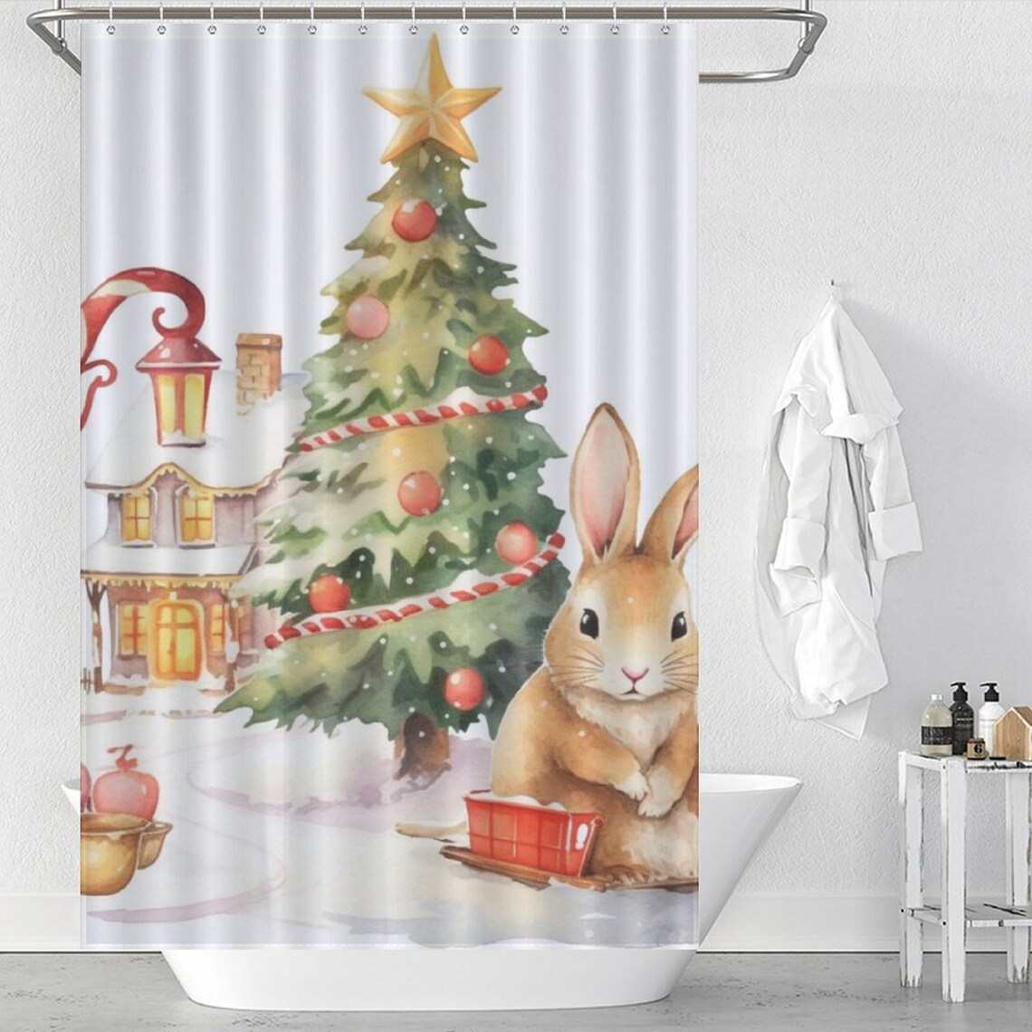 Elevate your bathroom decor with a Cute Rabbit Tree Christmas Shower Curtain featuring an adorable Cotton Cat.