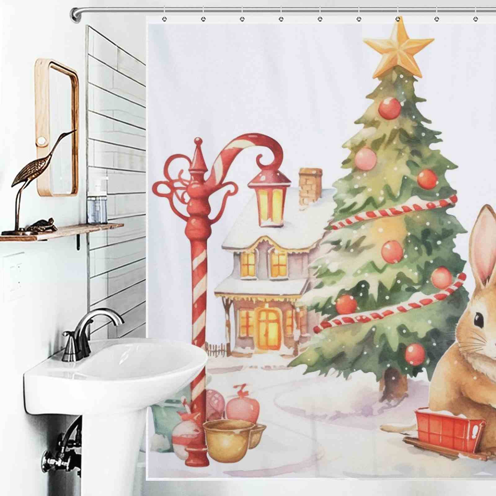 Spruce up your bathroom decor this Christmas season with a Cotton Cat Cute Rabbit Tree Christmas Shower Curtain showcasing an adorable bunny and a beautifully decorated Christmas tree.