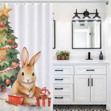 A Christmas-themed bathroom decor with a Cute Rabbit Tree Christmas Shower Curtain by Cotton Cat.