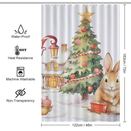 This Cute Rabbit Tree Christmas Shower Curtain by Cotton Cat is the perfect addition to your bathroom decor for the holiday season.
