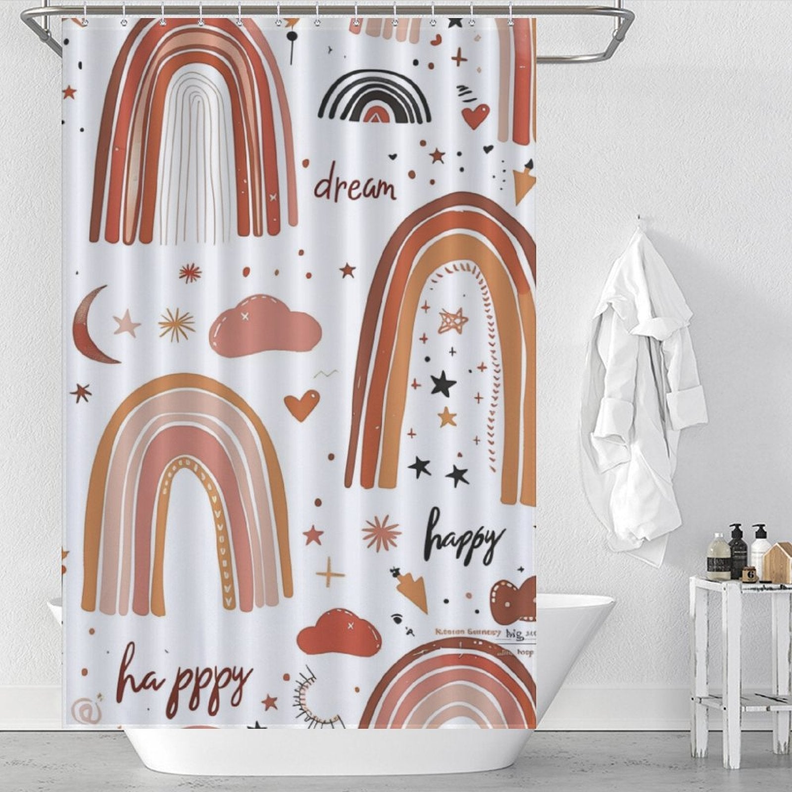 Cute Rainbow Star and Moon Boho Shower Curtain