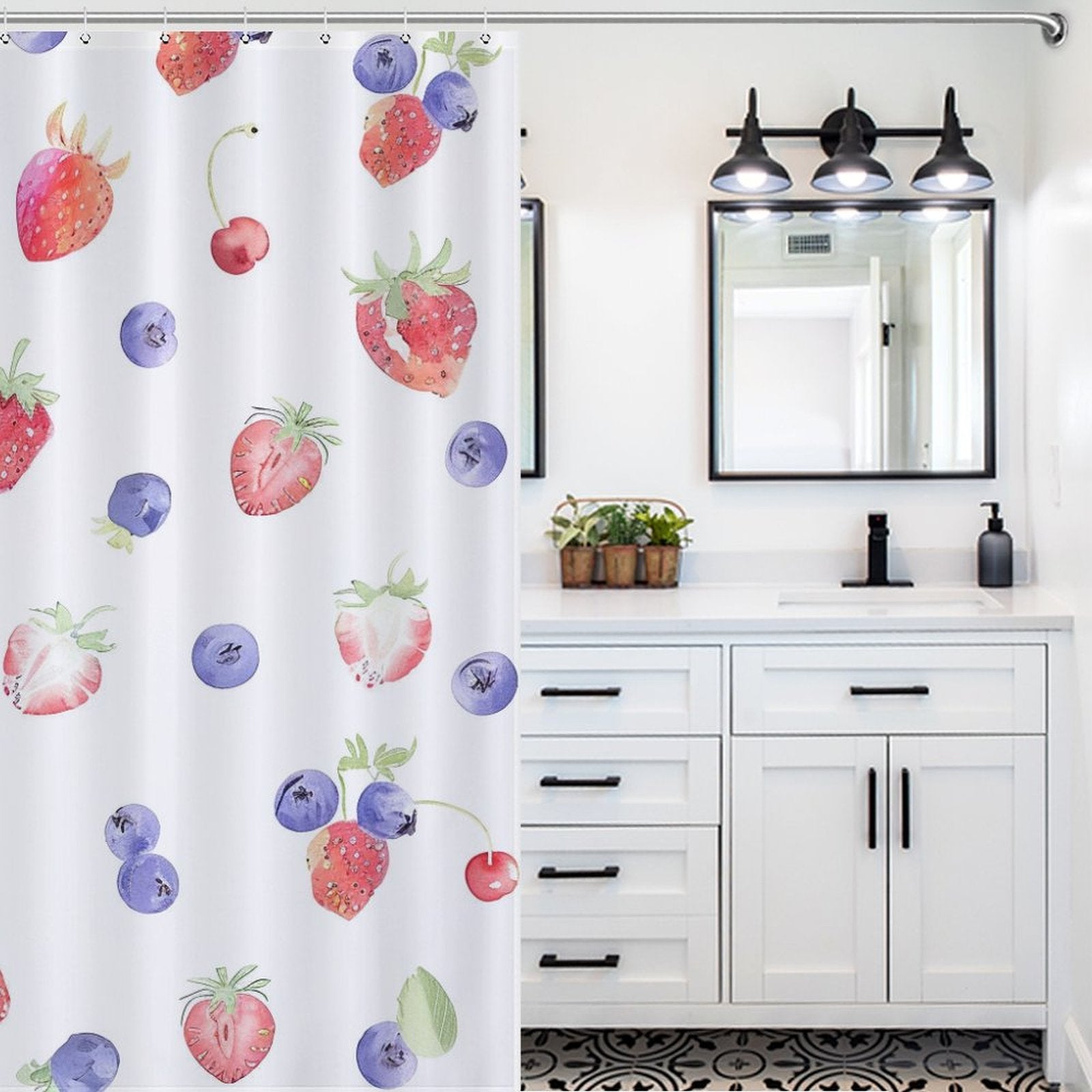 Cute Strawberry and Blueberry Boho Shower Curtain