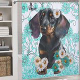 Cute Daschund Floral shower curtain for bathroom decor, featuring daisies designed by Cotton Cat.